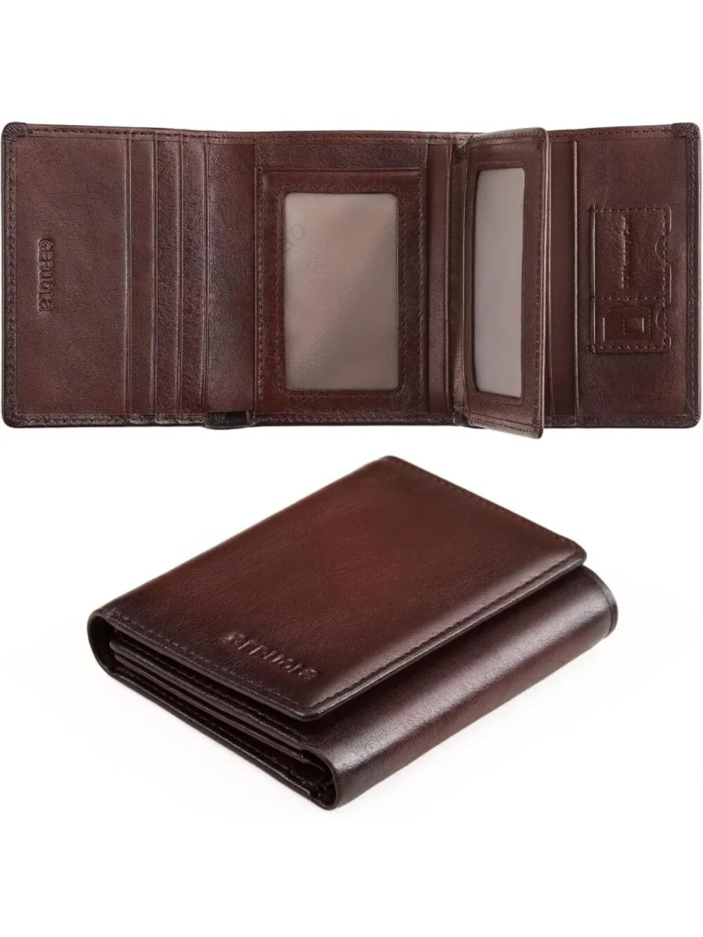 Genuine Leather Trifold Wallet for Men, RFID Blocking, Large Capacity, ID & Card
